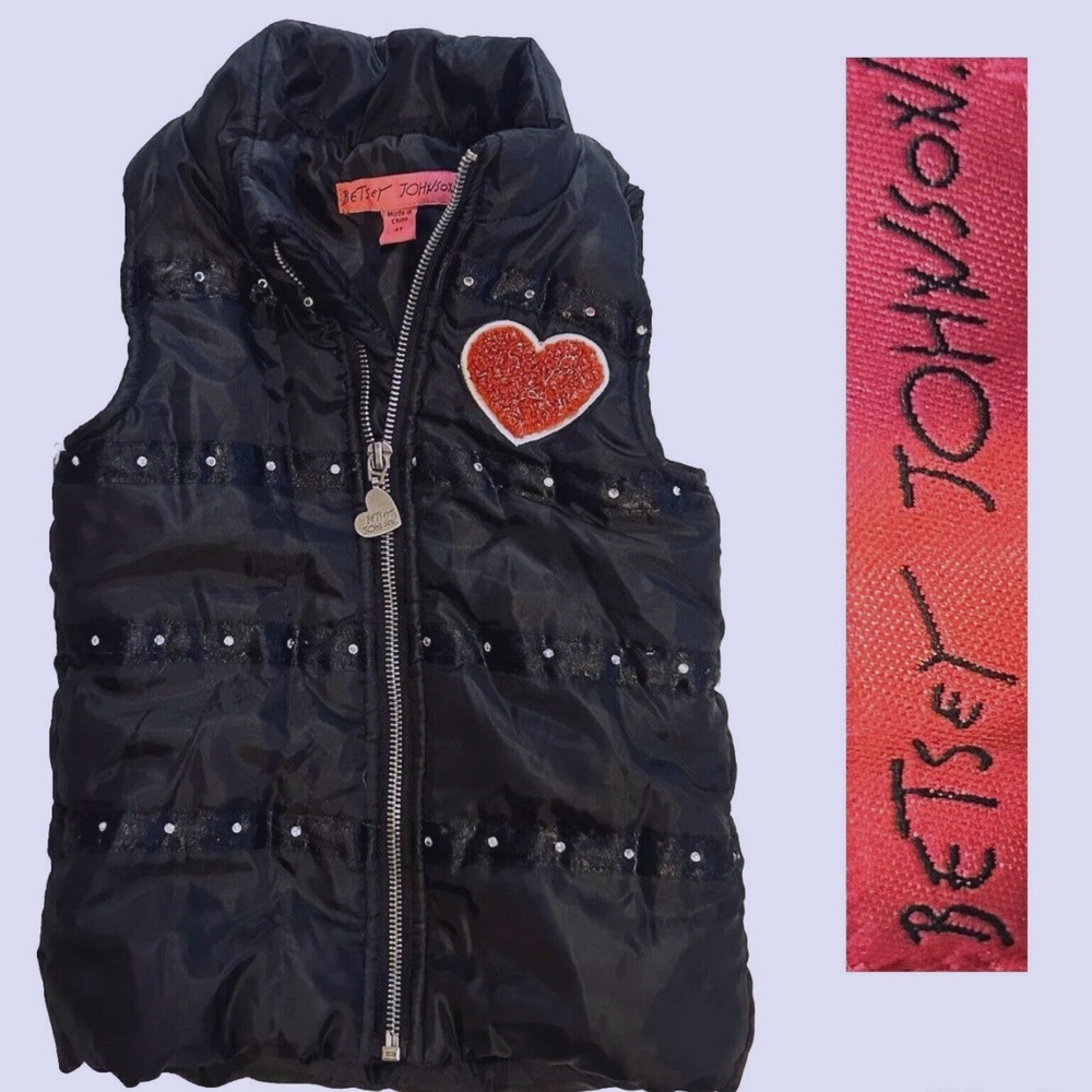 Betsey Johnson Girls 4T Black Puff Vest Heart Patch Rhinestone (3 -4 Year Old)